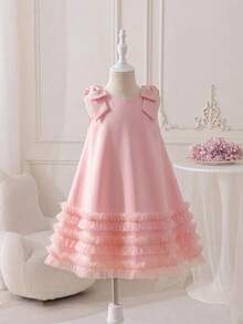 Glamorique Kids 女婴粉色缎面薄纱连衣裙，配有可拆卸肩部蝴蝶结，适合玩耍、休闲、生日派对、公主正式场合穿着 - 粉色 - 查看 2