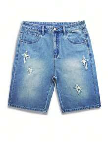 Manfinity Hypemode Pantalones cortos de mezclilla con parches para hombre - Azul lavado medio - Ver 5