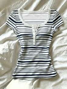 IslaSuriya Women's Striped Contrast Button Half Placket Fitted T-Shirt - Multicolor - View 1