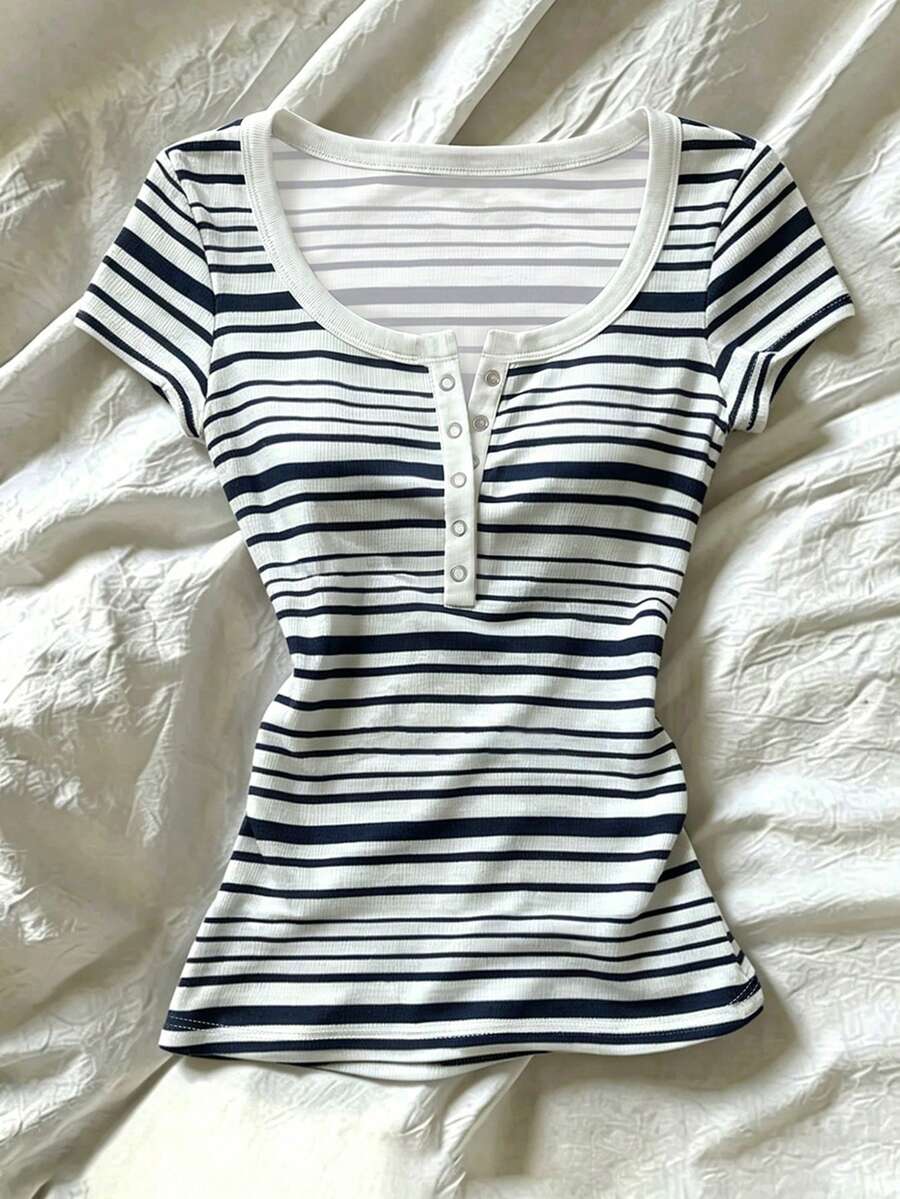 IslaSuriya Women's Striped Contrast Button Half Placket Fitted T-Shirt - Multicolor - View 1
