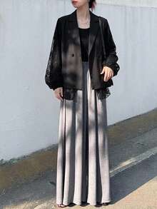 FRIFUL Women's Solid Color Hollow Knit Patchwork Jacket Summer - Black - View 3