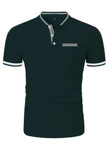 Manfinity Homme Camisa polo de manga corta con botones y ribete en contraste para hombre, adecuada para uso diario y ceremonias - Verde Oscuro - Ver 4
