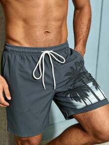 Surfspeed Plus Size Men's Palm Tree Print Drawstring Waist Beach Shorts Holiday / Vacation / Beach / Hawaii / Tropical / Swim /  Bathing - Dark Grey - View 4