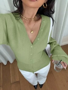 Siren Gaze 女款素色鈕扣開襟修身腰線針織開襟衫，前開式，休閒，日常穿著，秋冬 - 薄荷綠 - 查看 4