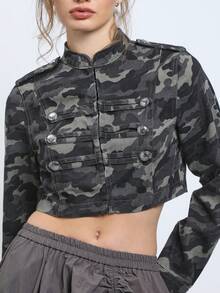 COUREZ Shrunken Long Sleeve Camo Drummer Military Jacket Y2K Streetwear Autumn Rave Fall Women's Denim Jean Summer Outfits Everyday Grey Camo - Multicolor - View 7