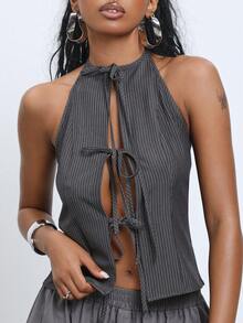 COUREZ Halter Pinstripe Tie Front Top /Y2K Sexy Rave Club Night Out Open Front Blouse Women's Summer Outfits Autumn Sleeveless Tops Light Grey - Dark Grey - View 7