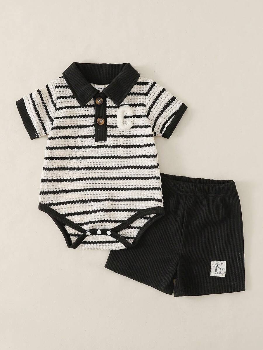 SHEIN Playful Pals 嬰兒拼色拼接 Polo 領短袖套裝 - 黑與白 - 查看 1