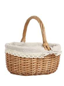 1 pieza Cesta de picnic de mimbre tejida a mano con tapa & asa, cesta tejida natural para almacenamiento de alimentos, camping, compras & decoración del hogar. Existe una ligera variación de color, sin impacto en el uso y la apariencia. - Cesta de picnic - Ver 7