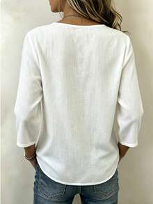 SHEIN LUNE White Burnout Round Neck 3/4 Sleeve Casual Blouse For Middle-Aged And Elderly Women - White - View 2