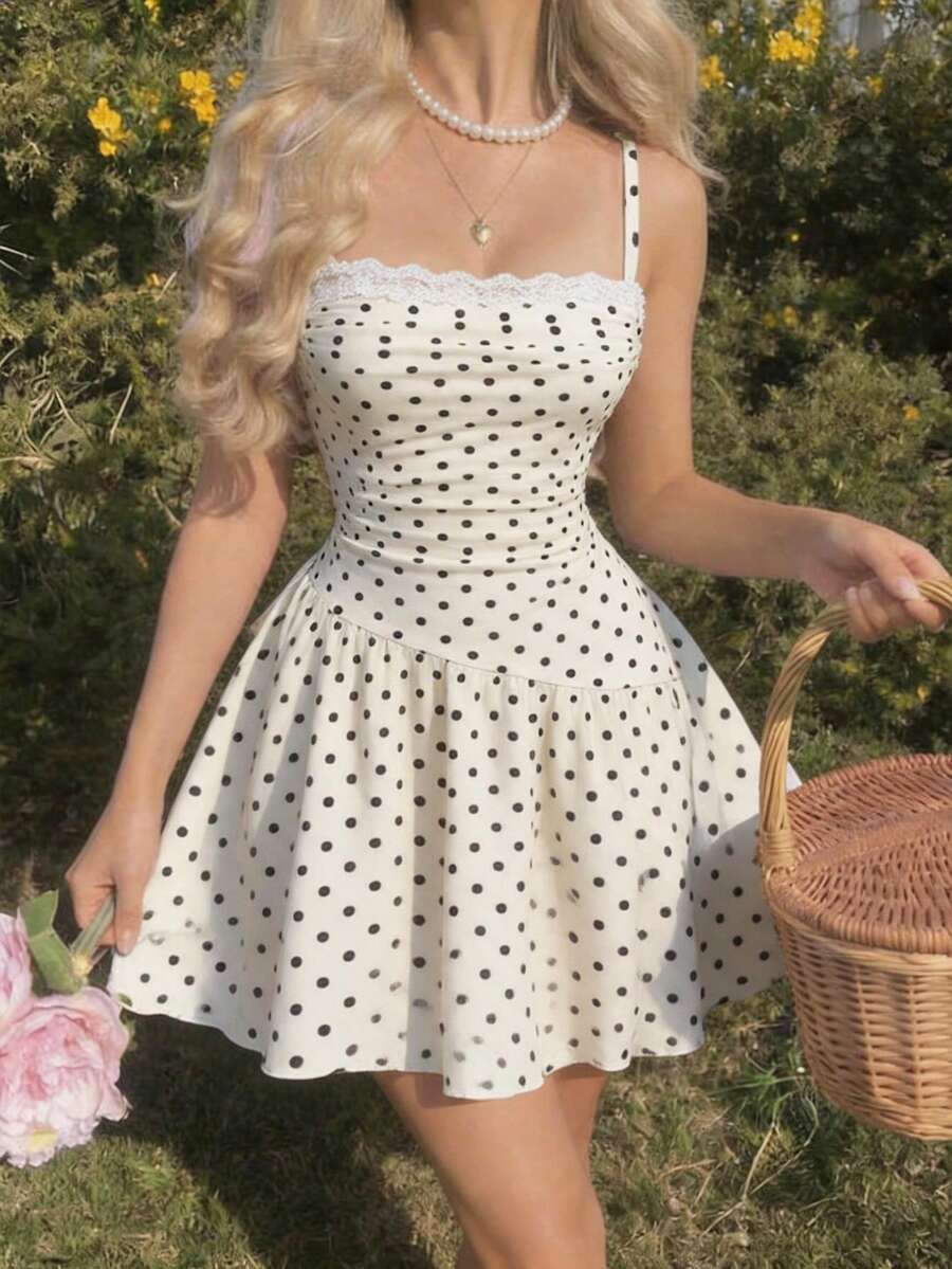 Skyraze Women's White With Black Polka Dots Lace Ruffle Strap Mini Dress,Modest Vintage Ruffled Hem Camisole,Y2K Flirty Summer Picnic Vacation Retro Dresses