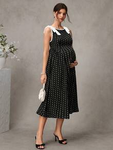 SHEIN Maternity Polka Dot Print Dress With Bow - Black - View 6