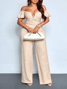 SOLERSUN Jumpsuit Wanita Ukuran Plus Warna Beige Musim Panas Elegan Tanpa Bahu Lengan Ruffle untuk Acara Malam Hari di Klub, Leher V Pinggang Tinggi Kaki Lebar Bagian Atas Berkerut - Aprikot - View 3