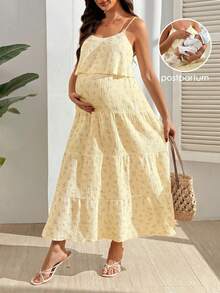 SHEIN Vestido de maternidad con estampado floral, volantes en el bajo y tirantes para lactancia - Amarillo - Ver 7