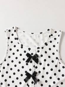 2pcs Set Teen Girl Summer Polka Dot Bow Sleeveless Top Ruffle Hem Shorts Set,Sweet Spicy Style,Cute,Parties,Vacation Outings - White - View 3