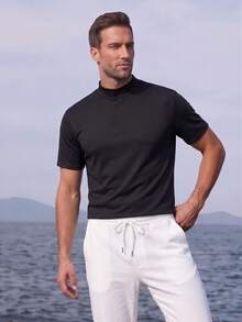 Officeau Men's Casual Versatile Solid Color Half-Turtleneck Short Sleeve T-Shirt, Suitable For Daily Commute, Spring/Summer - Black - View 8