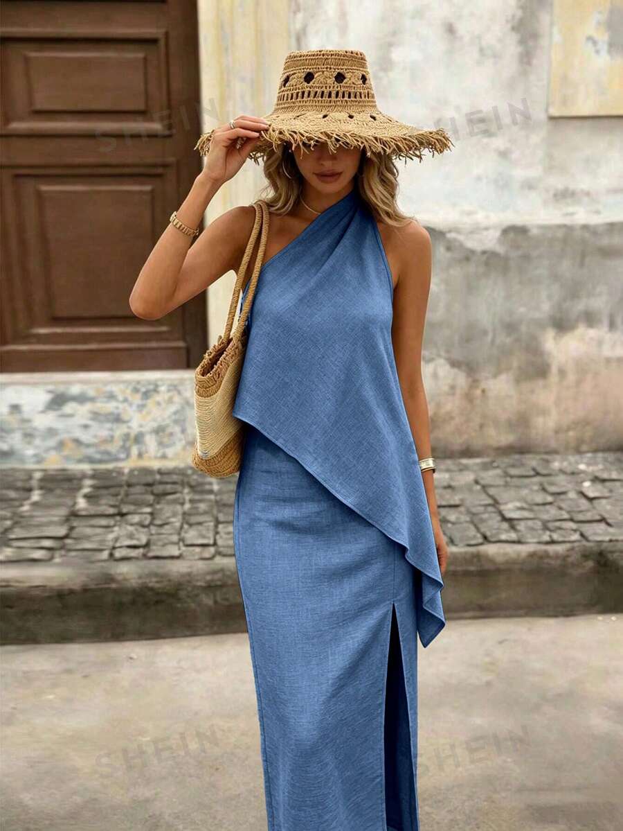 Breezaya Women's Summer Asymmetric Neck Halter Top And Asymmetrical Slit Maxi Skirt, French Linen Texture Vacation Style Elegant 2-Piece Set - Blue - View 1