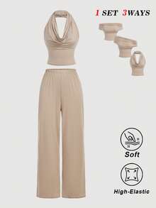 SHEIN MOD 女士纯色褶皱吊带上衣和阔腿裤休闲两件套 - 杏色 - 查看 4