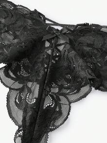 Bisouelle Tanga de lencería sexy y ajustado con borde de encaje floral calado para mujer - Negro - Ver 3