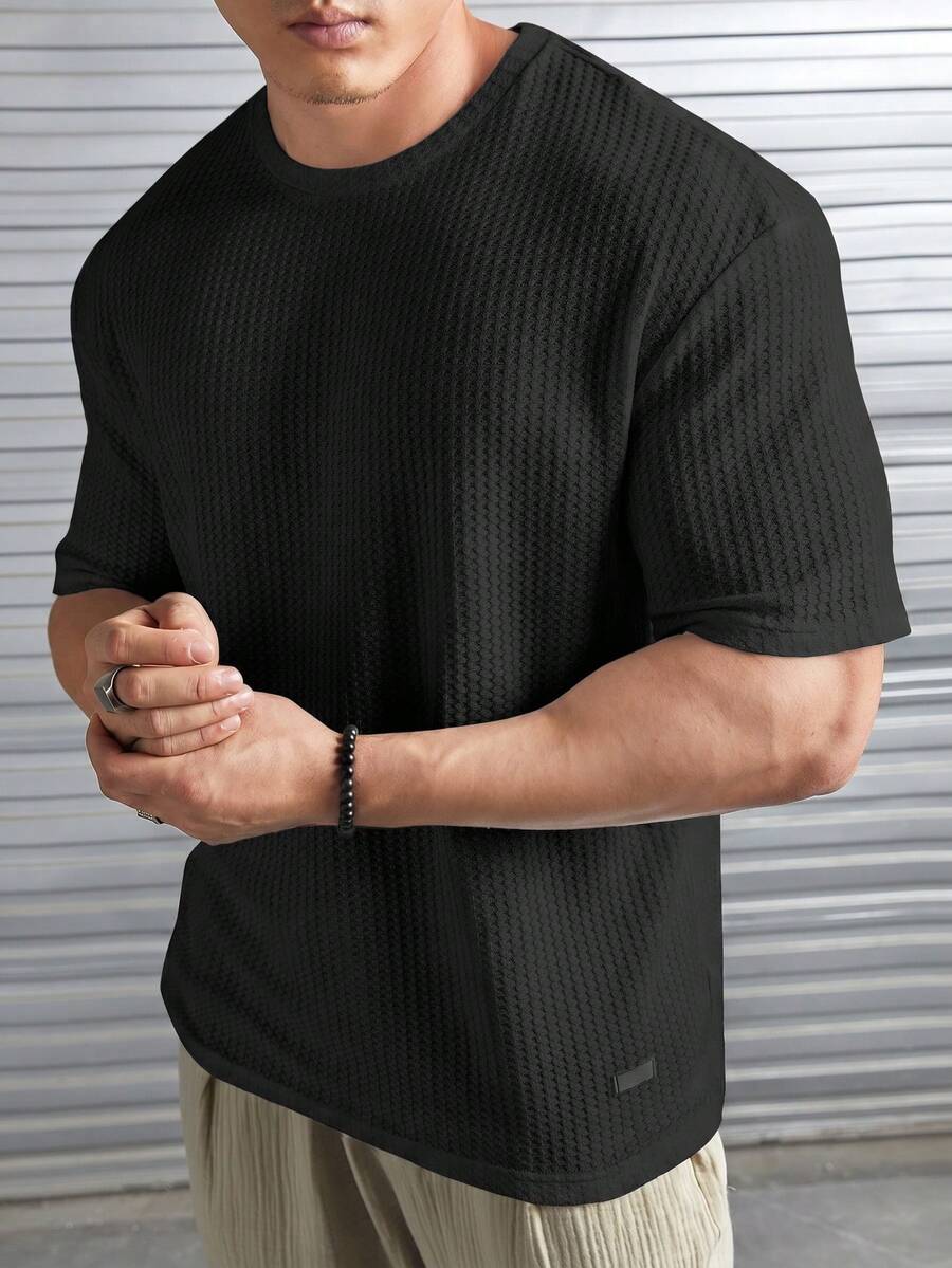 HIMLAND Loose Men Letter Patched Waffle Knit Tee - Black - View 1