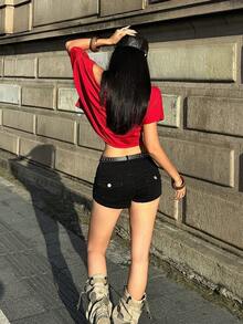 Coolane Women's Summer Streetwear Sexy Y2k City Break Vintage Gyaru Cowgirl Casual Stretchy Cotton Button Down Low-Rise Jorts Denim Shorts Night Out Black - Black - View 4