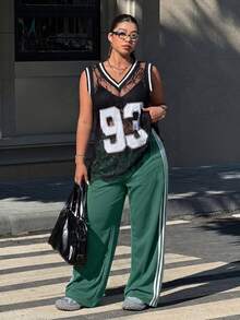 Muchica Plus Size Colorblock Striped Casual Loose Pants - Green - View 3