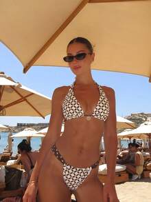Swim Mod Spring/Summer 2-Piece Women's Beach Outfit, Fashionable Cute Sexy Vacation Beach Swim Pool Party Random Print Plaid Floral Button-Up Halter Neck Backless Tie-Front Triangle Top And Brazilian Bikini Bottom Set - Multicolor - View 3
