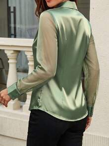 SHEIN Clasi 女款春夏秋網格拼接單排釦百褶長袖襯衫 - 綠色 - 查看 8
