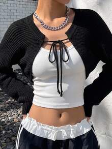 DAZY Ladies' Solid Color Belted Cardigan,Long Sleeve Tops - Black - View 7
