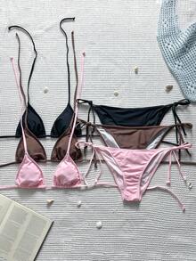 Swim Mod Women's Summer Beach Solid Color Halter Neck Tie Sexy Bikini And Triangle Bottoms 3-Piece Set - Multicolor - View 1