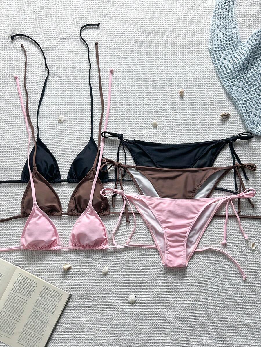 Swim Mod Women's Summer Beach Solid Color Halter Neck Tie Sexy Bikini And Triangle Bottoms 3-Piece Set - Multicolor - View 1