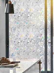 Haus Hana 1 Roll Holographic Silver Floral Window Film, 44.5cm(17.5in) Static Cling Non-Adhesive Privacy Glass Sticker, UV Blocking, With Installation Tools - Laser Tulip - View 3