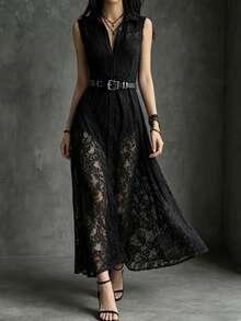 DAZY Women's Elegant Sexy Single-Breasted Lace Fashion Sleeveless Dress Sundress Night Out Dinner Party Night Black Floral Summer - Black - View 1