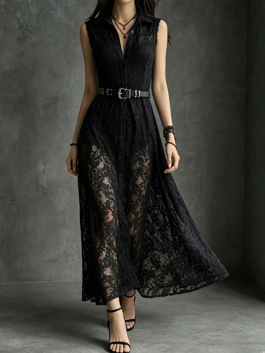 DAZY Women's Elegant Sexy Single-Breasted Lace Fashion Sleeveless Dress Sundress Night Out Dinner Party Night Black Floral Summer - Black - View 1