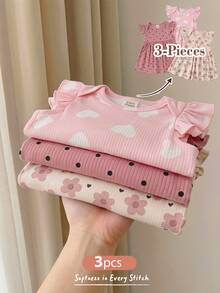 Cozy Pixies 3 pièces/set Robe d'été décontractée pour bébé fille nouveau-né avec motifs floraux, cœurs et pois. Ensemble comprenant une robe à manches courtes - Multicolore - Voir 1