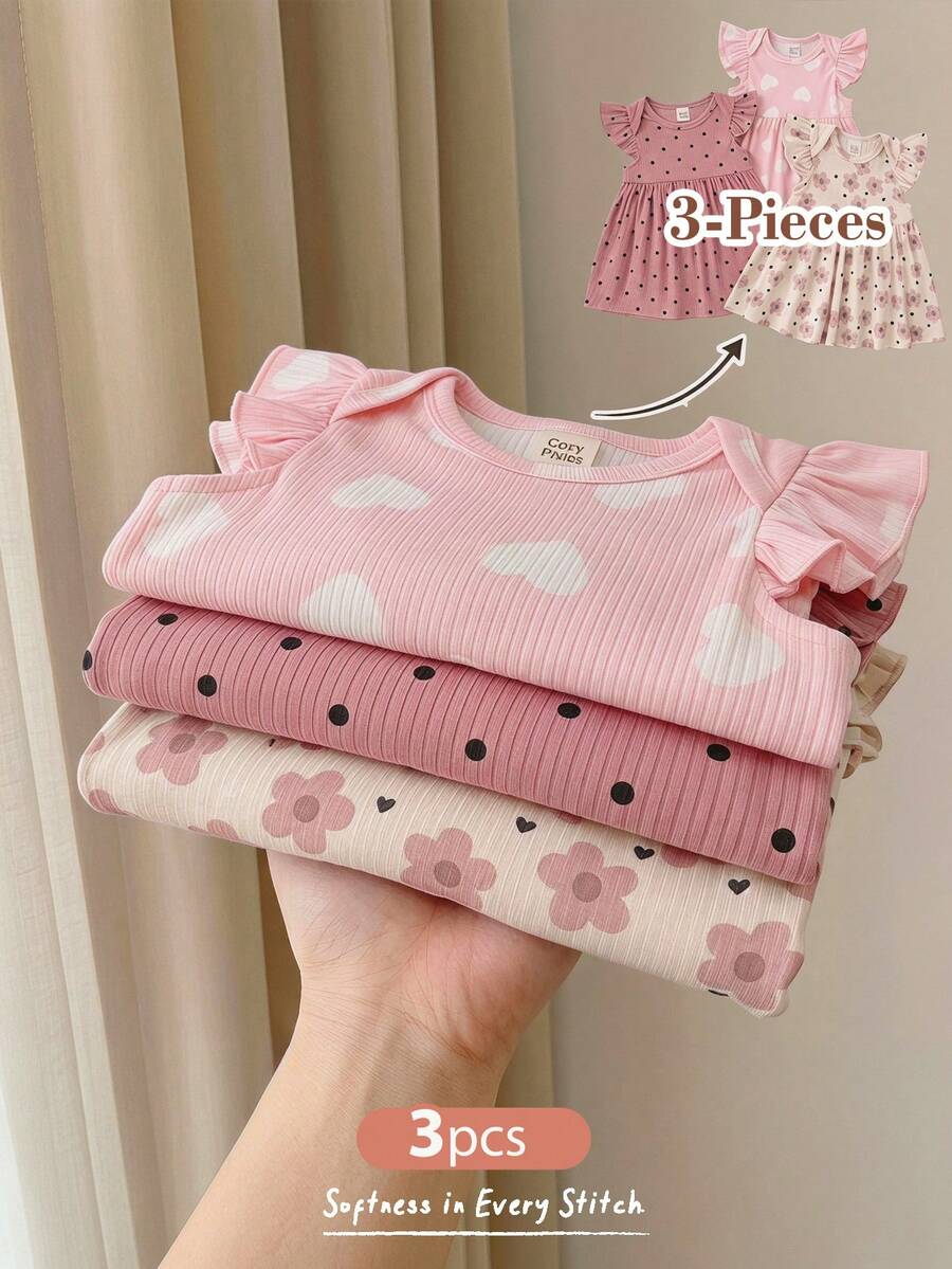 Cozy Pixies 3 pièces/set Robe d'été décontractée pour bébé fille nouveau-né avec motifs floraux, cœurs et pois. Ensemble comprenant une robe à manches courtes - Multicolore - Voir 1