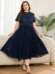 Reflora Đầm nữ size lớn cổ tròn tay ngắn phối ren tương phản gấu xếp ly thanh lịch - Màu xanh lam - Xem 5