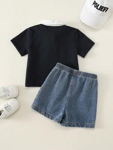SHEIN 男嬰/男嬰 2件組 春/夏休閒可愛拼色深藍色短袖POLO衫與牛仔短褲套裝，男嬰套裝，男嬰夏季服裝，柔軟，牛仔，牛仔褲 - 藏藍色 - 查看 2