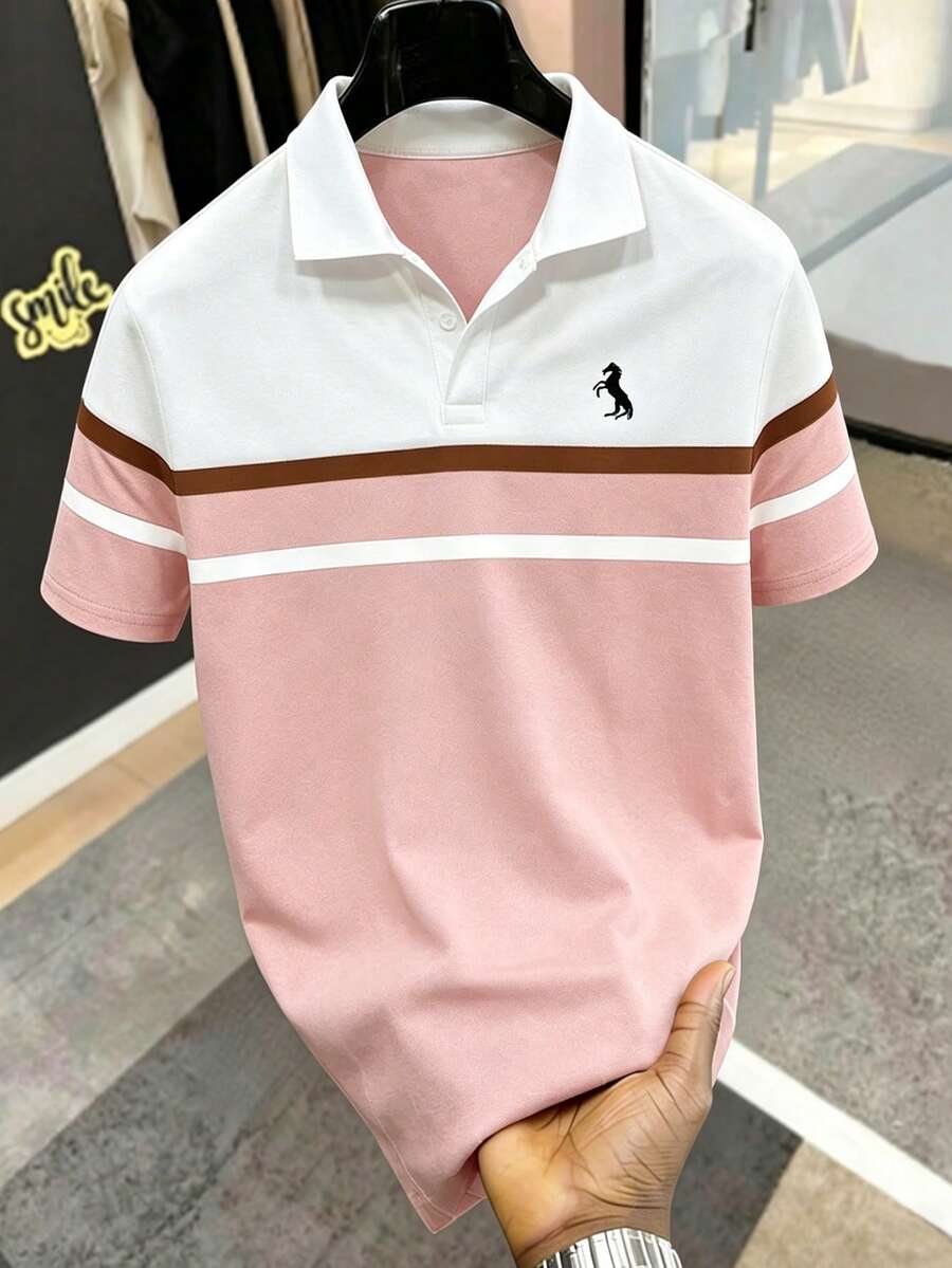 Manfinity Homme Men Color Block Horse Print Polo Shirt, For Golf - Pink - View 1