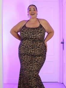 Pretty and Ole Plus Size Fashion Leopard Print Backless Halter Fishtail Dress - Multicolor - View 5