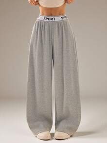 SHEIN PETITE Quần ống rộng nữ kiểu dáng thường ngày, có in chữ, cạp chun. - Xám - Xem 4