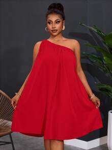 Slaydiva Vestido de pierna ancha de un solo hombro sin mangas de unicolor para mujer de talla grande - Rojo - Ver 1