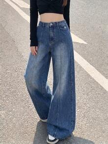 SHEIN Teen Girls Dark Blue Summer Cute Holiday Back-To-School Y2K Bohemian Floral Pullover Sweater And Embroidered Loose Wide Leg Jean Pants Set, - Medium Wash - View 7