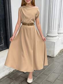 SHEIN Tween女孩棕色系夏季優雅度假連身裙，不對稱單肩設計附腰帶，A字版型，適合日常穿著的休閒優雅洋裝 - 棕色 - 查看 9