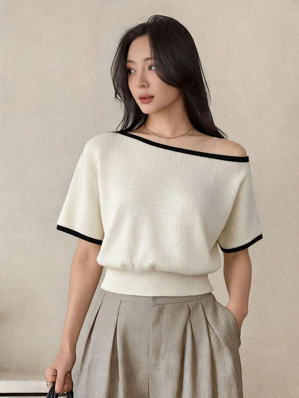 Women's Contrast Trim Asymmetric Shoulder Casual Versatile Everyday T-Shirt