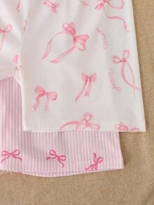 SHEIN Tween女孩休閒極簡修身舒適圓領短袖長褲家居服套裝，適合春夏，貼身剪裁，4件/套，甜美可愛愛心印花與蝴蝶結莓果印花，粉色兒童家居服套裝 - 粉色 - 查看 6