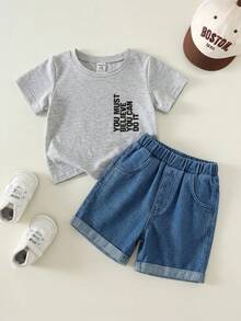 SHEIN 男女嬰兒 2件組 春夏休閒短袖T恤與短褲套裝，牛仔短褲，嬰兒套裝，街頭風，牛仔 - 灰色 - 查看 4