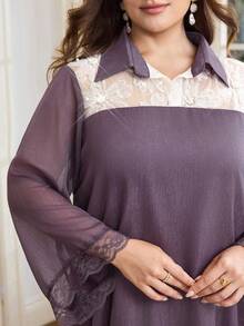 Al Najma Vestido largo de manga larga de gasa morada brillante, con parches de encaje floral, tela bordada con cuentas, vestido maxi elegante y holgado con cuello de camisa, talla grande - Morado - Ver 8