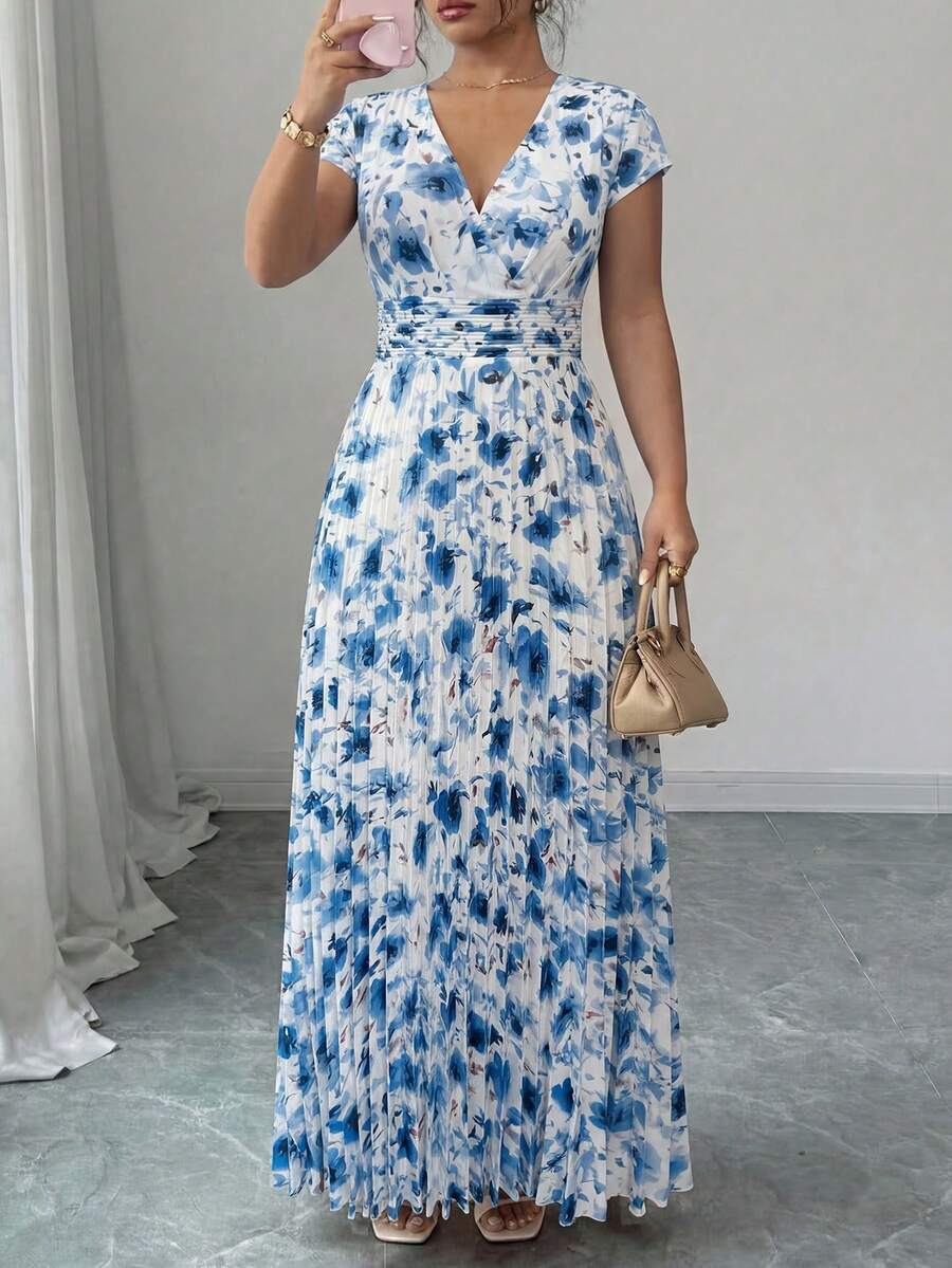 Elenzga Plus Size Women's Spring/Summer Elegant Romantic Floral V-Neck Short Sleeve Flowy Maxi Dress - Multicolor - View 1