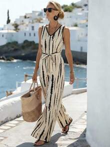 EMERY ROSE Damen gestreifter Kontrastfarben V-Ausschnitt Bindung locker weit geschnittener Jumpsuit Strandurlaub Beige Sommer Boho tropisch lässig - Verschiedenfarbig - Übersicht 1