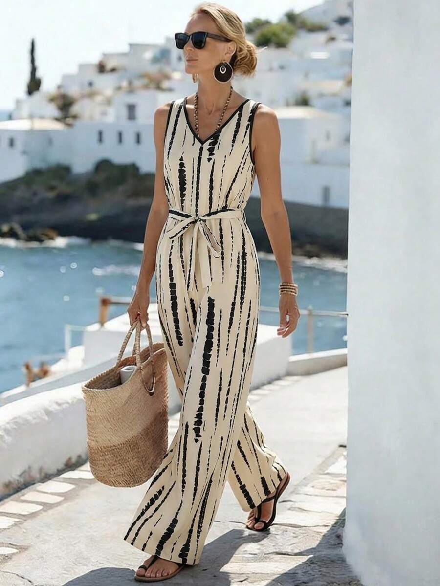 EMERY ROSE Damen gestreifter Kontrastfarben V-Ausschnitt Bindung locker weit geschnittener Jumpsuit Strandurlaub Beige Sommer Boho tropisch lässig - Verschiedenfarbig - Übersicht 1